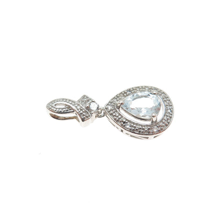 925 Sterling Silver Real White Topaz & Aquamarine Teardrop Minimalist Pendant
