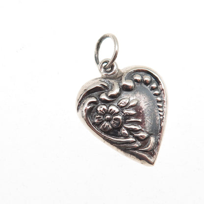 925 Sterling Antique Art Deco Chatelaine Floral Heart Oxidized Charm Pendant