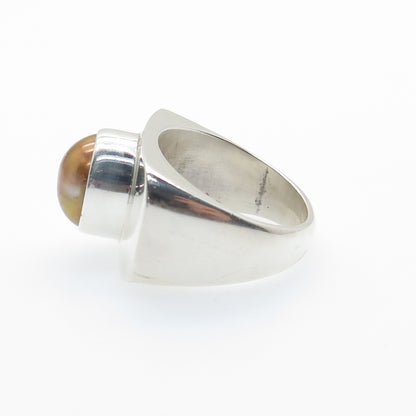 925 Sterling Silver Vintage Real Gold Pearl Modernist Ring Size 6.25