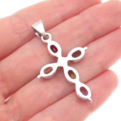 925 Sterling Vintage Pearl Quartz Citrine Garnet Amethyst Peridot Cross Pendant