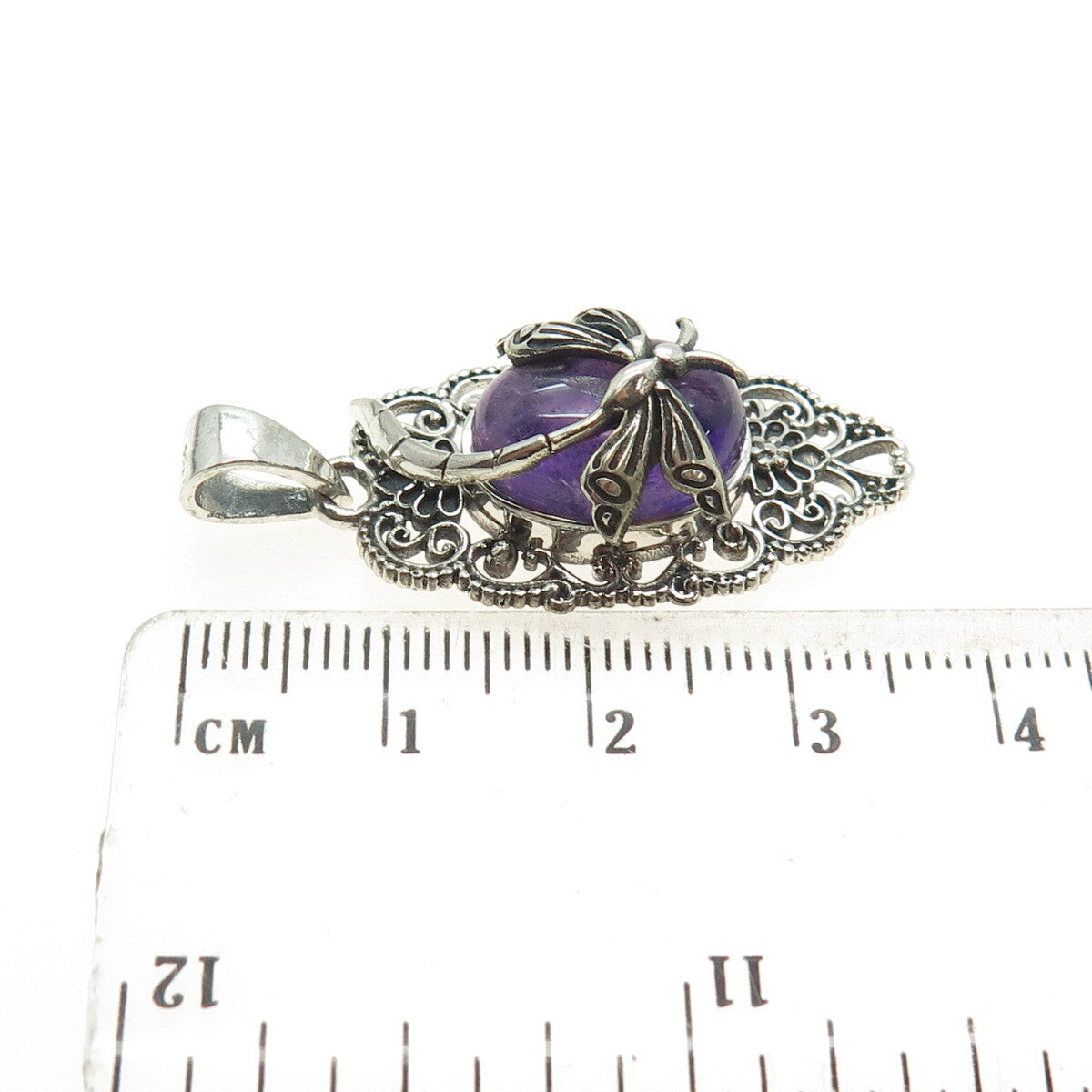 925 Sterling Silver Vintage Real Amethyst Dragonfly Oxidized Pendant