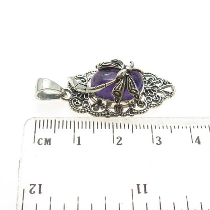925 Sterling Silver Vintage Real Amethyst Dragonfly Oxidized Pendant