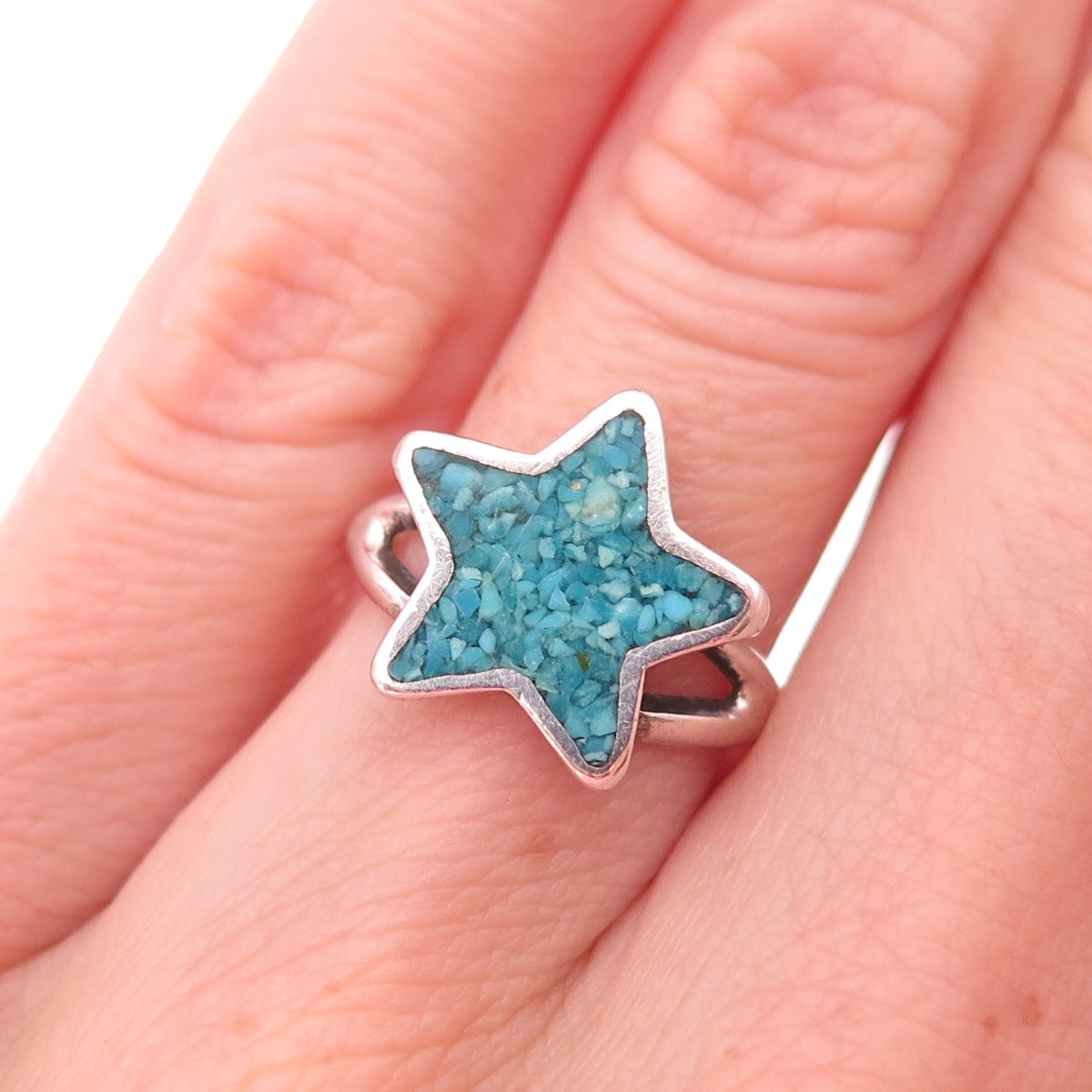 Old Pawn 925 Sterling Silver Vintage Turquoise Inlay Star Tribal Ring Size 4.75