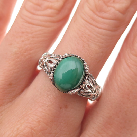 Chuck Clemency 925 Sterling Silver Vintage Real Malachite Floral Ring Size 9.25