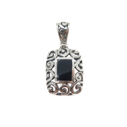 925 Sterling Silver Vintage Real Black Onyx Spiral Oxidized Charm Pendant