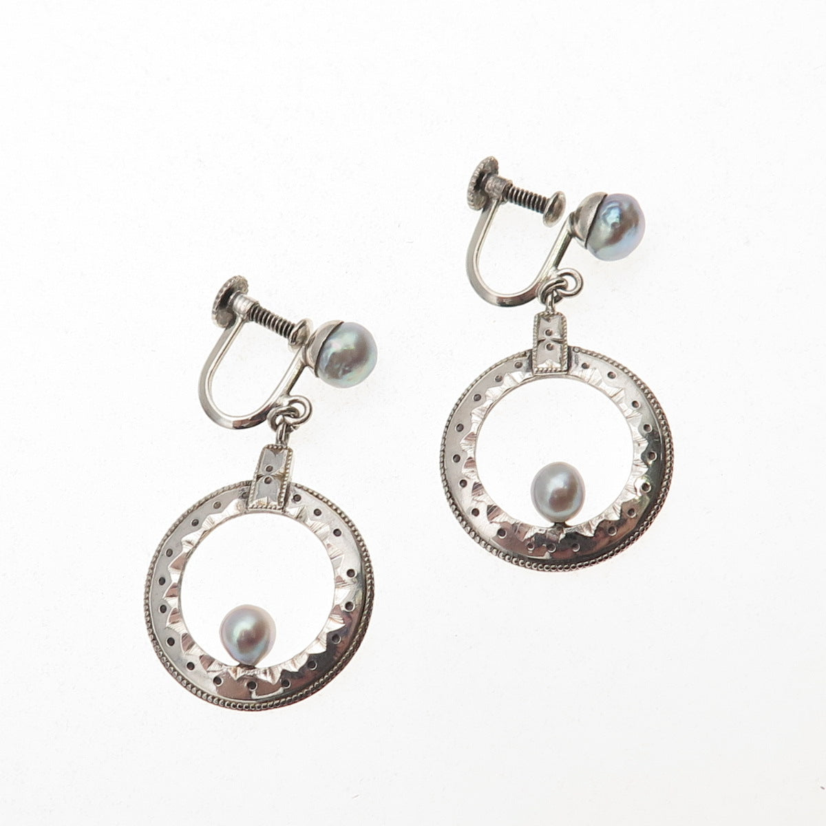 925 Sterling Silver Antique Art Deco Real Pearl Dangle Screw Back Earrings