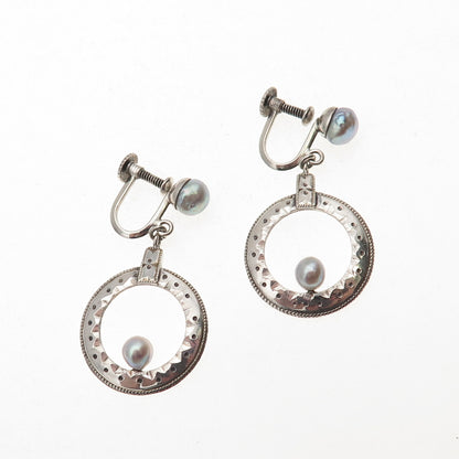 925 Sterling Silver Antique Art Deco Real Pearl Dangle Screw Back Earrings