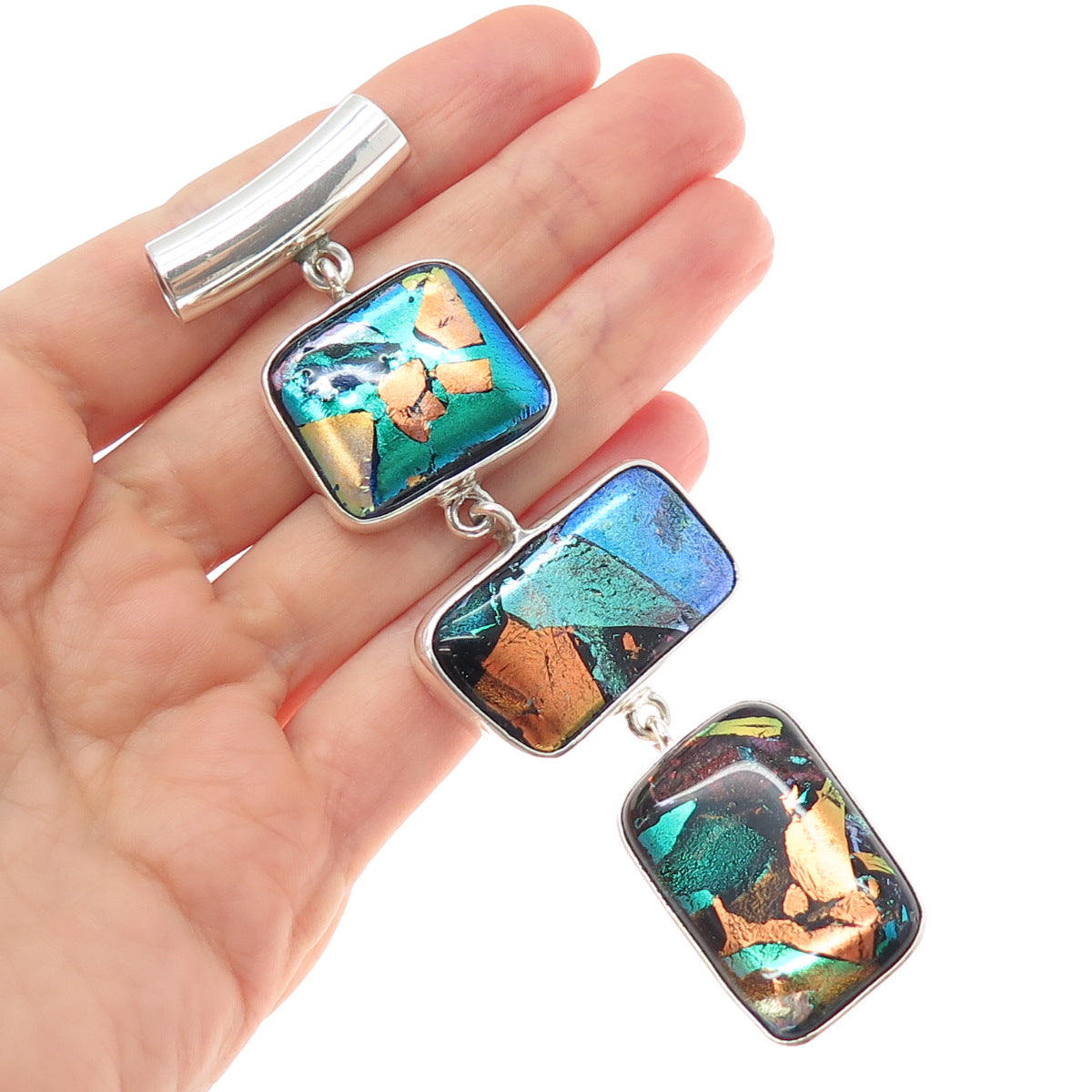 925 Sterling Silver Vintage Dichroic Glass Modernist Drop Slide Pendant