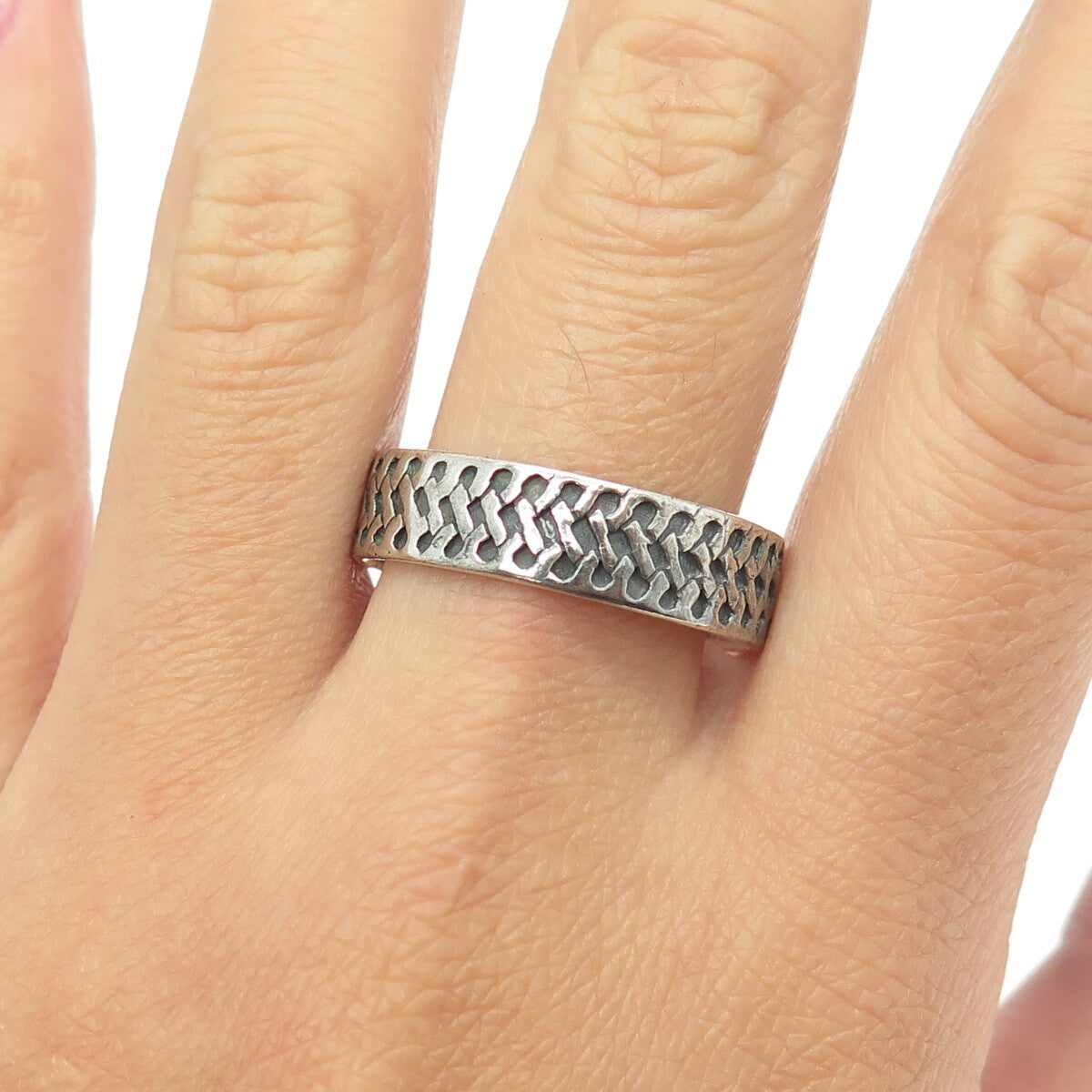 925 Sterling Silver Vintage Woven Band Oxidized Ring Size 12.75