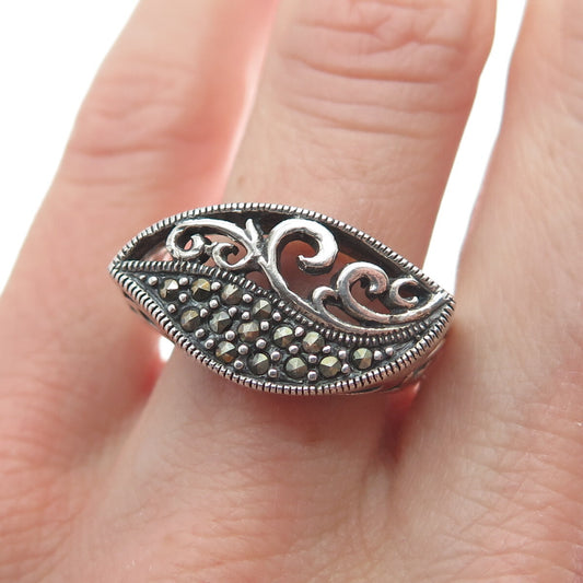 925 Sterling Silver Vintage Real Marcasite Gemstone Swirl Ring Size 9