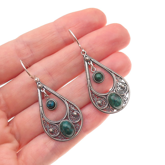 925 Sterling Silver Vintage Israel Real Eilat Filigree Teardrop Dangle Earrings