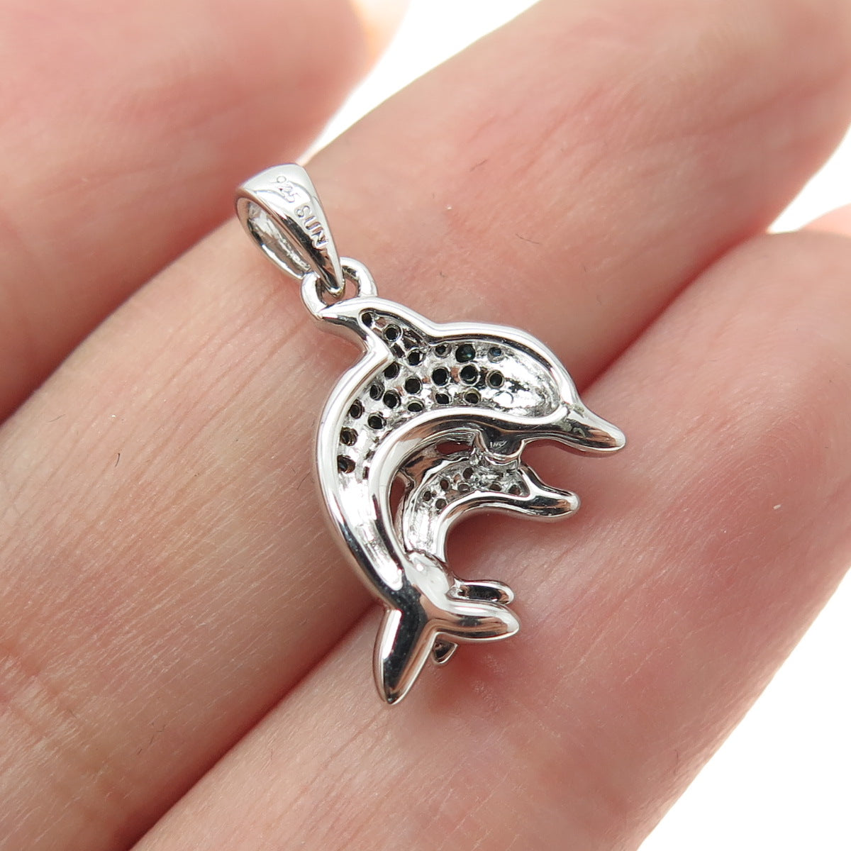 SUN 925 Sterling Silver Real Round-Cut Blue & White Diamond Dolphin Mini Pendant