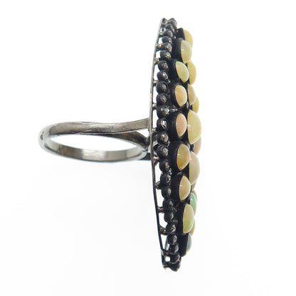 925 Sterling Silver Black Rhodium Real Diamond & Opal Cluster Ring Size 6.75