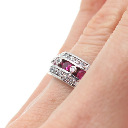 925 Sterling Silver Round-Cut Lab-Created Ruby & C Z Ring Size 5.25