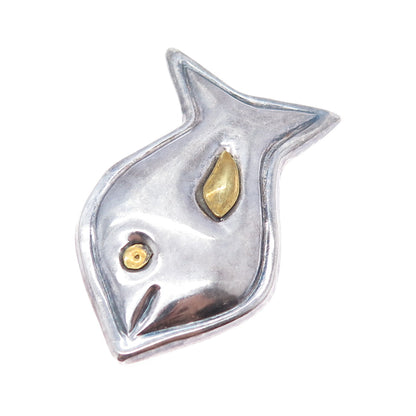 925 Sterling Silver 2-Tone Vintage Mexico Modernist Fish Oxidized Pin Brooch