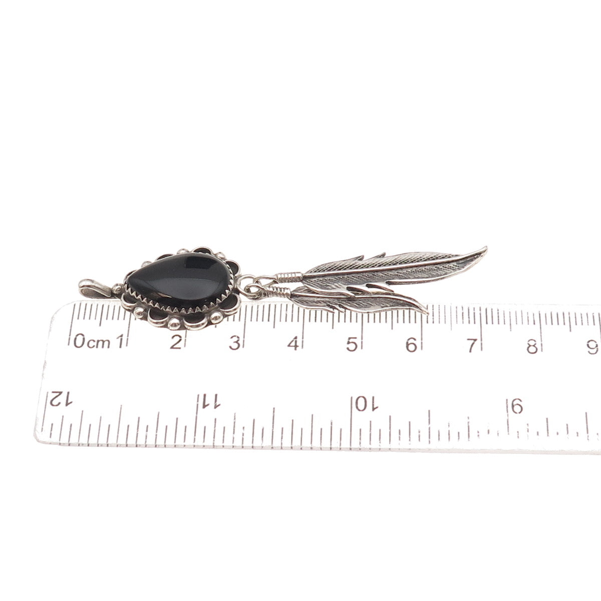 Old Pawn 925 Sterling Silver Vintage Southwestern Black Onyx Feather Pendant