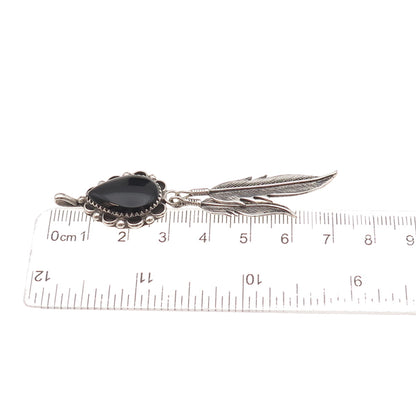 Old Pawn 925 Sterling Silver Vintage Southwestern Black Onyx Feather Pendant