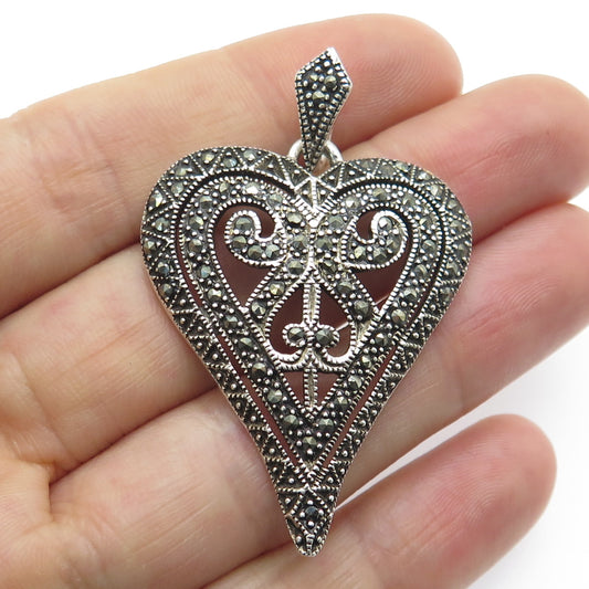 MY GEN 925 Sterling Silver Vintage Real Marcasite Heart Art Deco Style Pendant