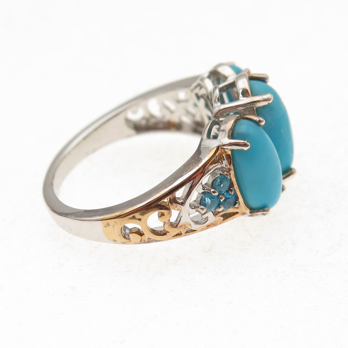 D'Joy 925 Sterling 2-Tone Real Sleeping Beauty Turquoise & Apatite Ring Size 8