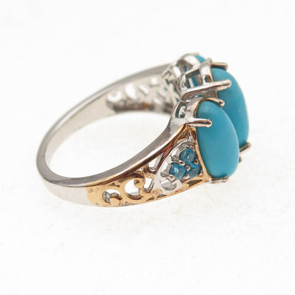 D'Joy 925 Sterling 2-Tone Real Sleeping Beauty Turquoise & Apatite Ring Size 8