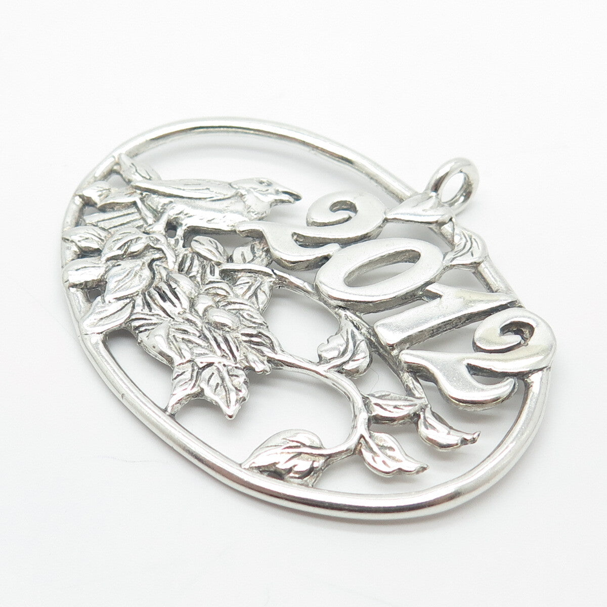 925 Sterling Silver Vintage "2012" Bird Leaf Christmas Tree Ornament