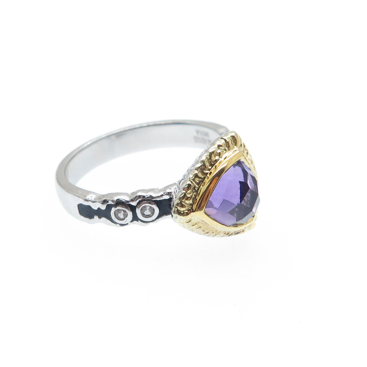 925 Sterling Silver 2-Tone Real Amethyst & White Topaz Triangle Ring Size 6.25