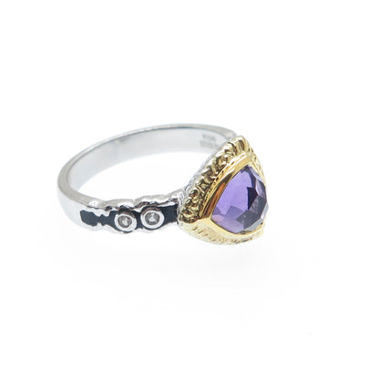 925 Sterling Silver 2-Tone Real Amethyst & White Topaz Triangle Ring Size 6.25