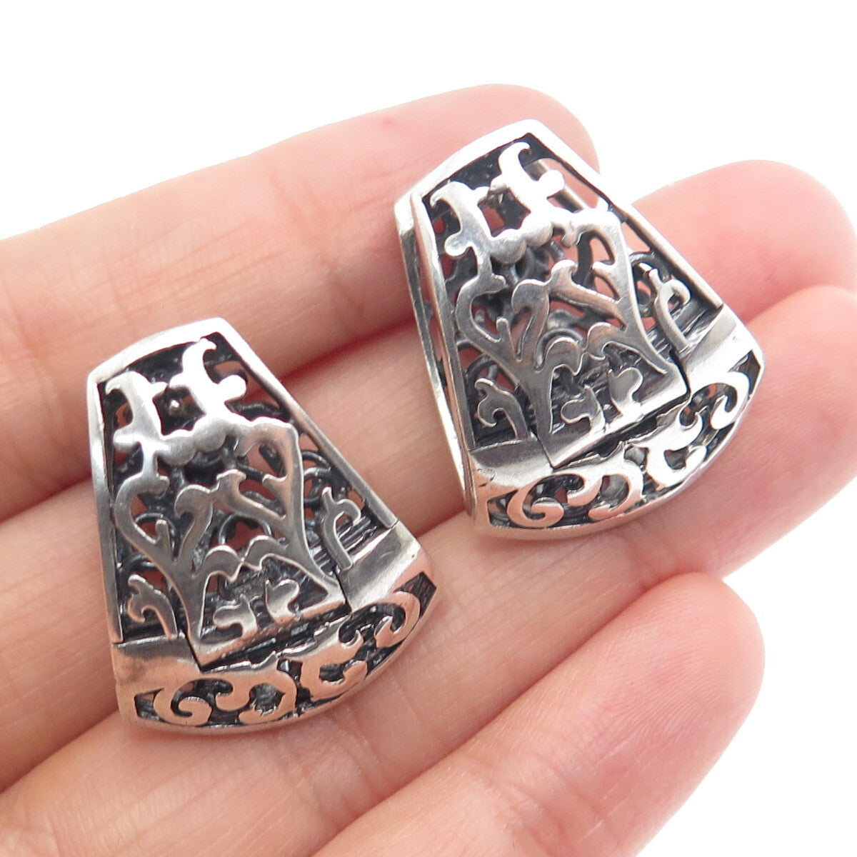 925 Sterling Silver Vintage Real Black Onyx Ornate Oxidized Earrings