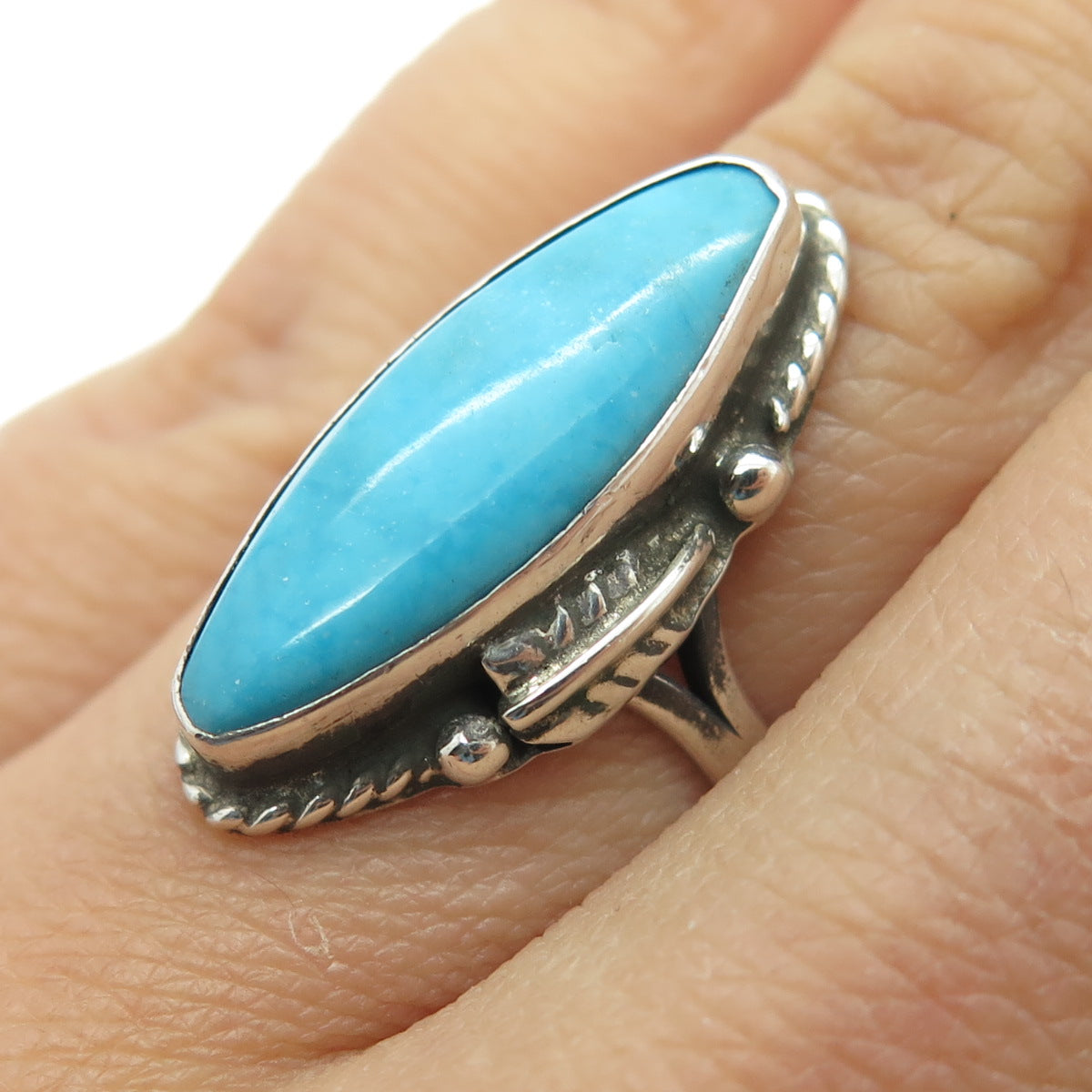 925 Sterling Silver Vintage Mexico Real Turquoise Gem Statement Ring Size 6.25