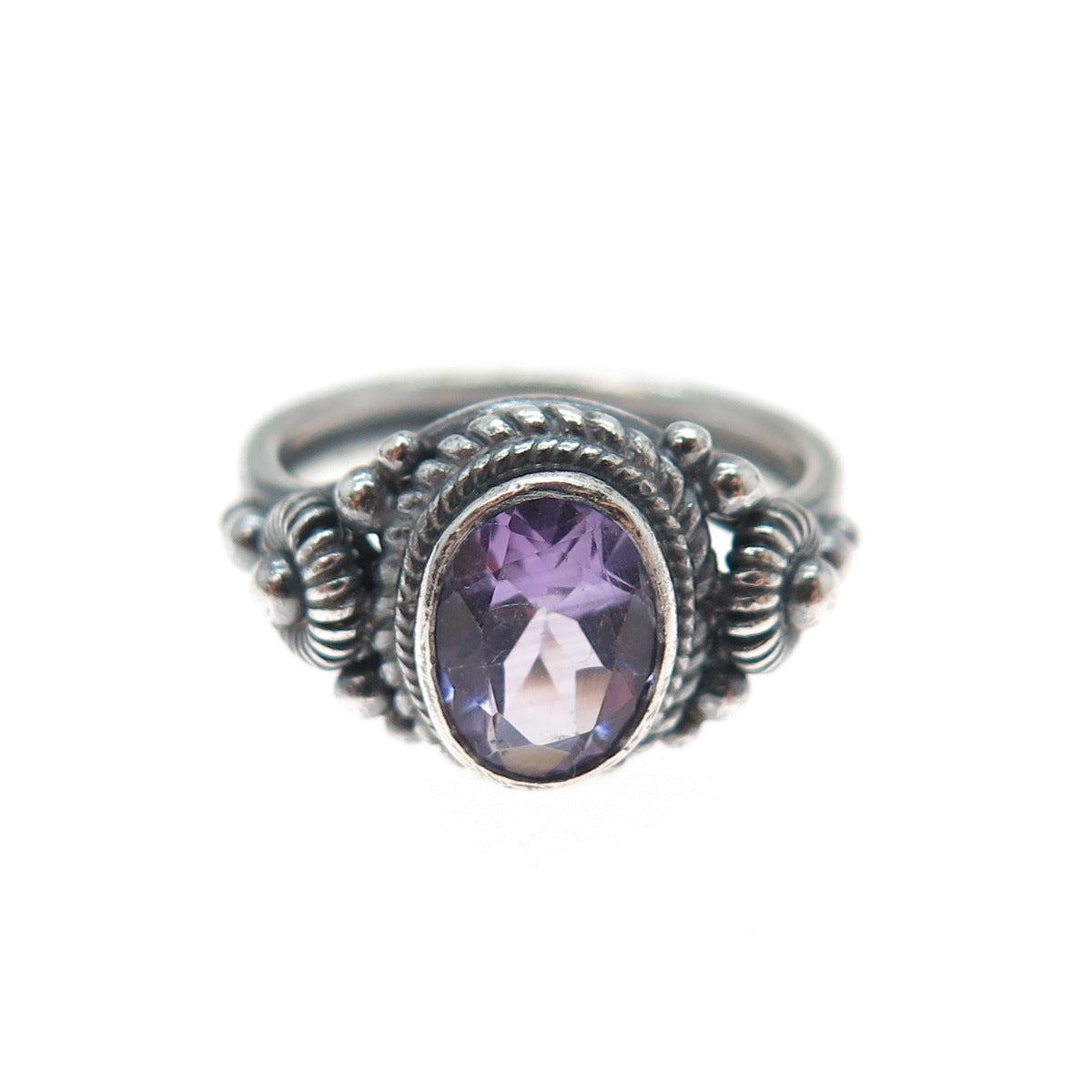 925 Sterling Silver Vintage Real Amethyst Cannetille Oxidized Ring Size 5.5