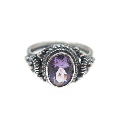 925 Sterling Silver Vintage Real Amethyst Cannetille Oxidized Ring Size 5.5