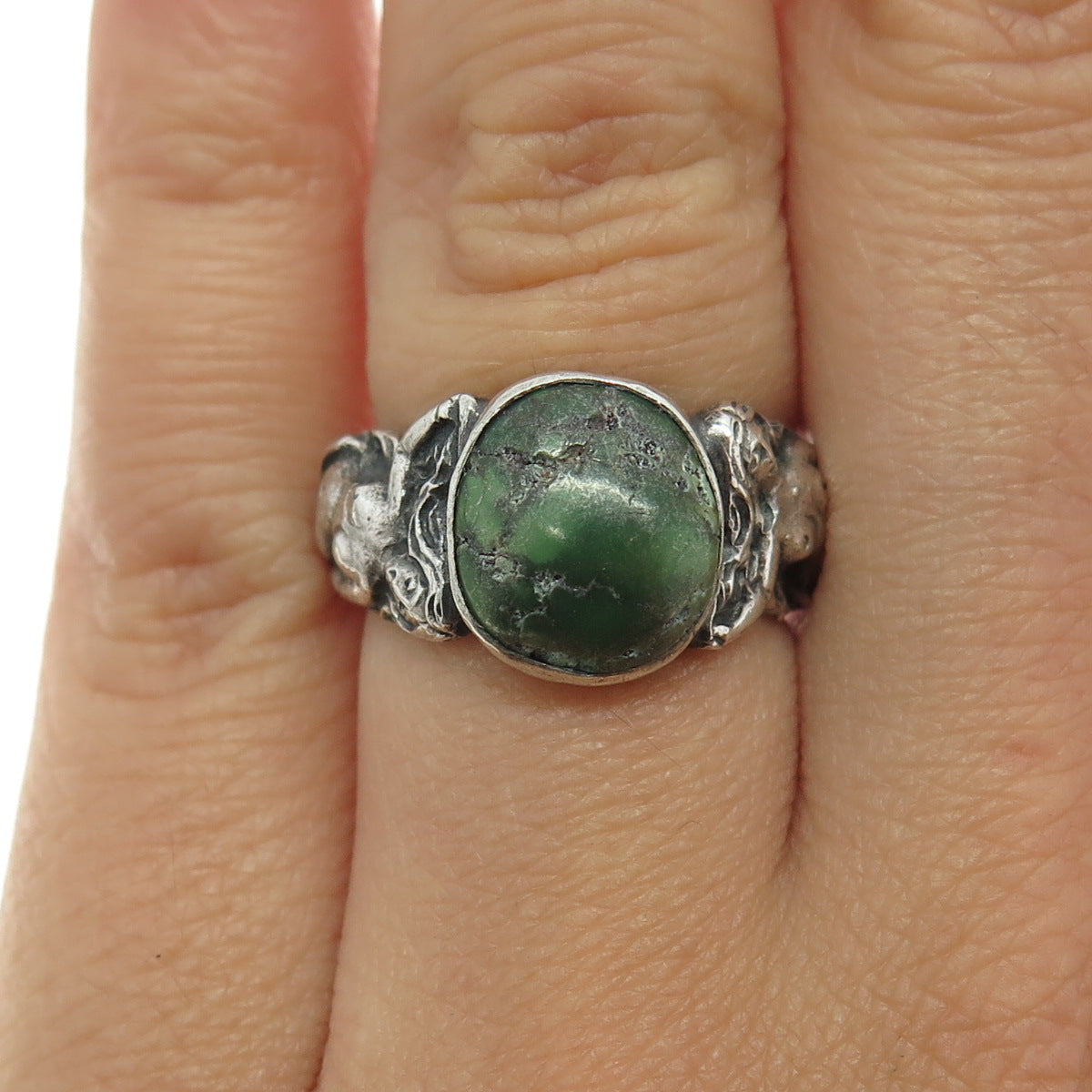 925 Sterling Silver Vintage Green Turquoise Gemstone Naked Womans Ring Size 5.25