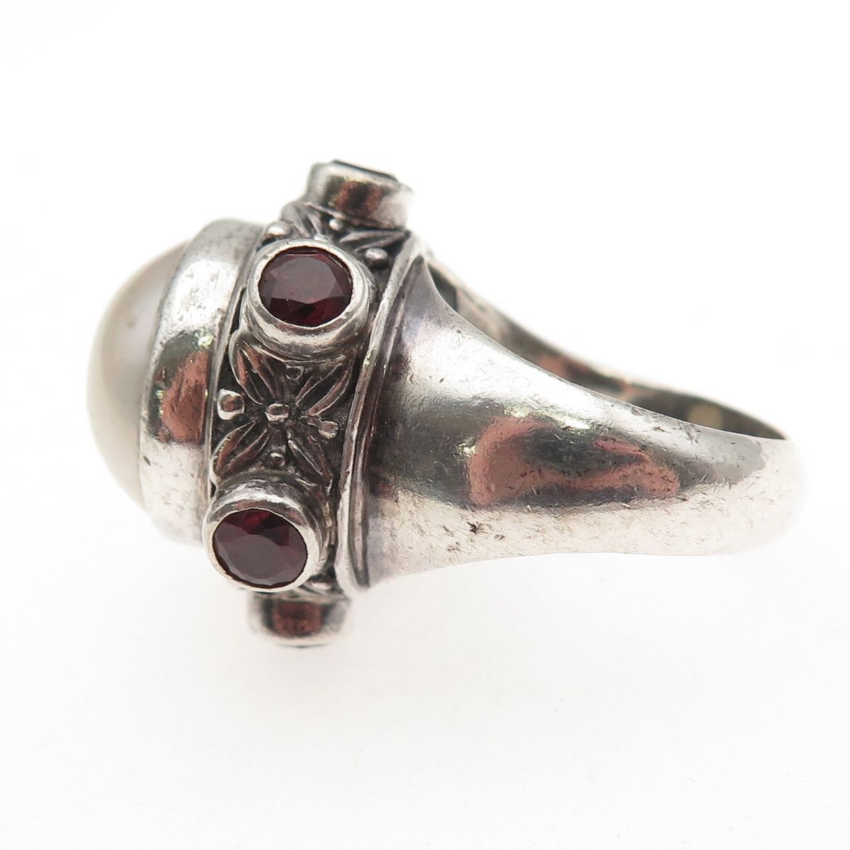 925 Sterling Silver Vintage Real Pearl & Red Garnet Modernist Ring Size 7
