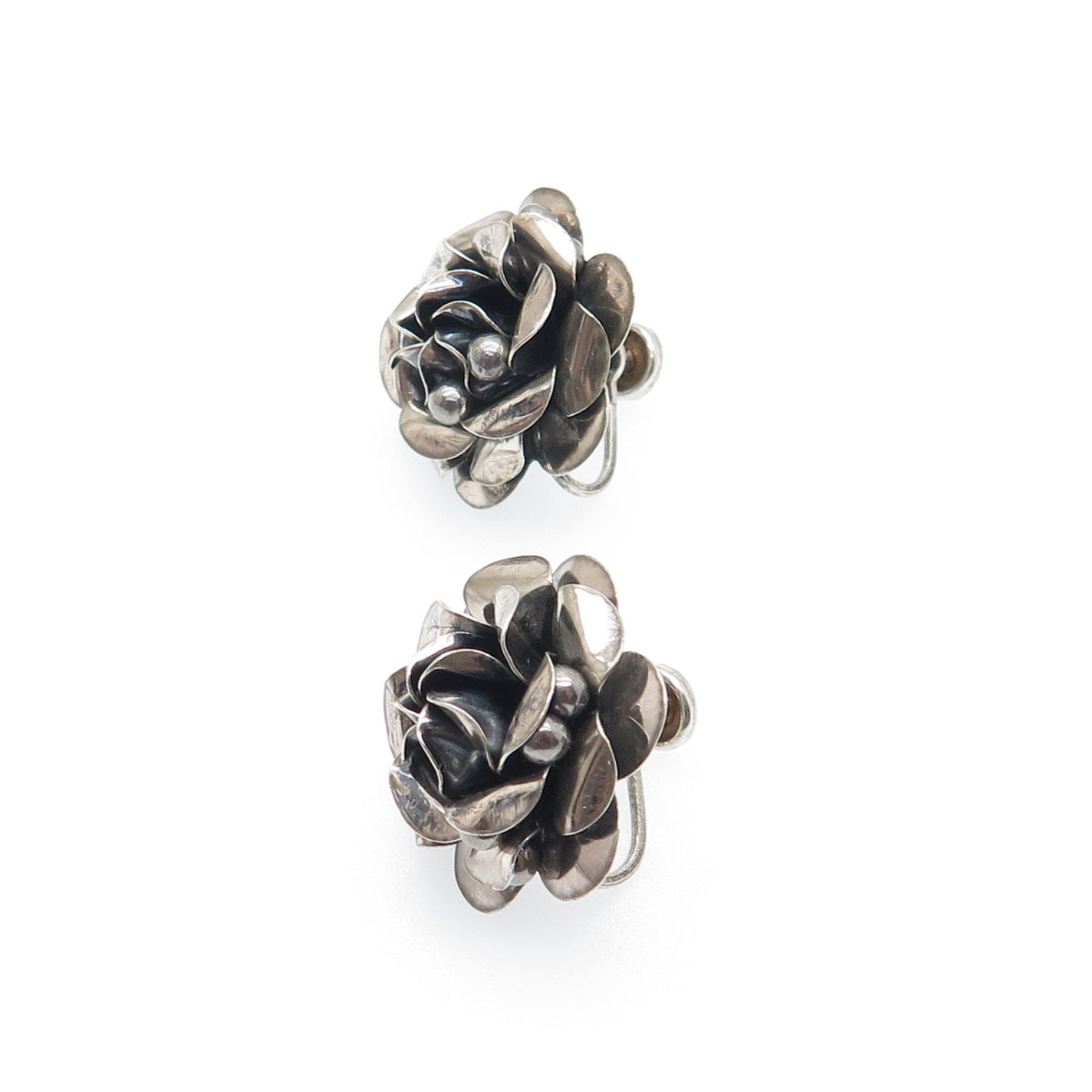 925 Sterling Silver Vintage Modernist Rose Flower Oxidized Screw Back Earrings