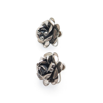 925 Sterling Silver Vintage Modernist Rose Flower Oxidized Screw Back Earrings