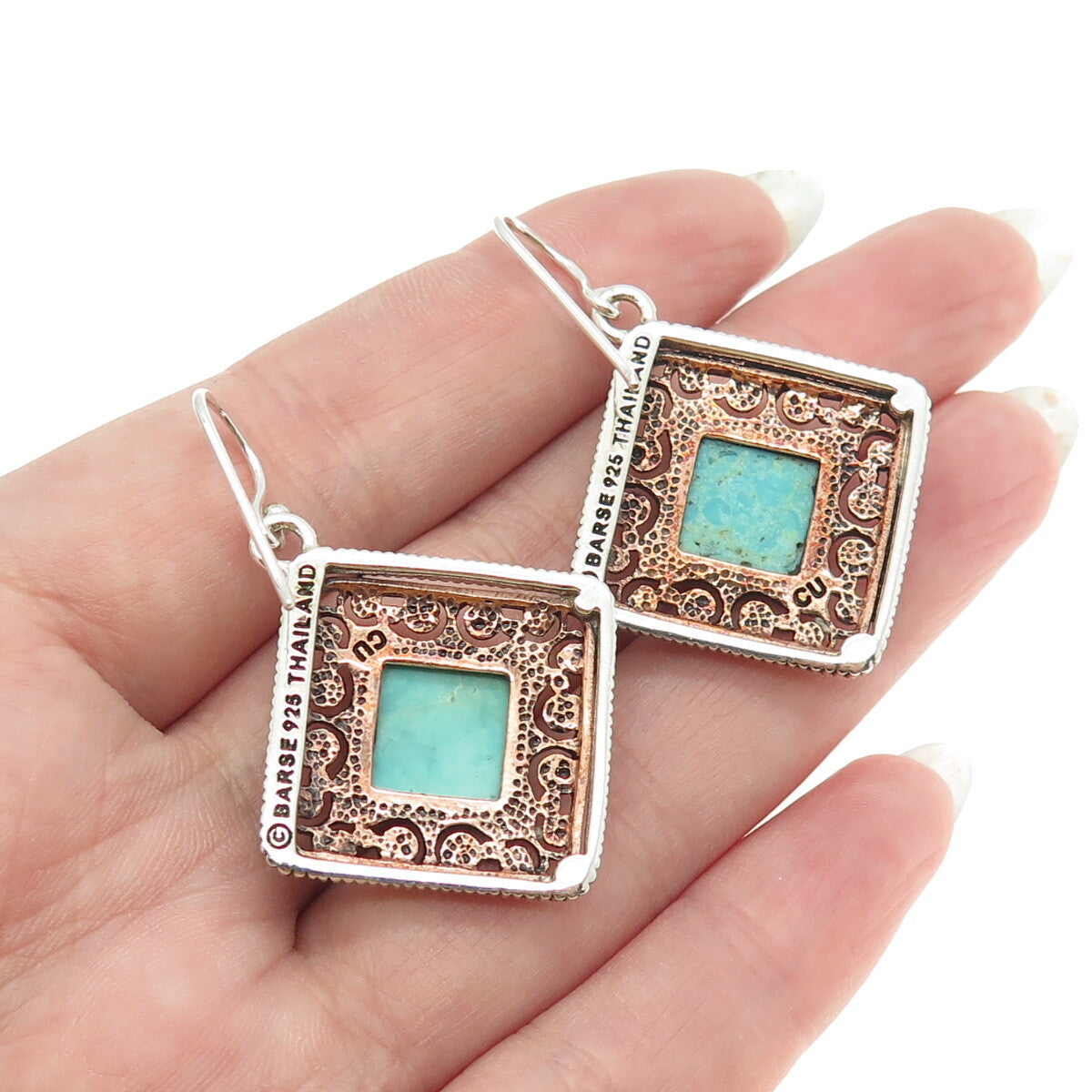 BARSE 925 Sterling Silver 2-Tone Vintage Real Turquoise Ornate Dangling Earrings
