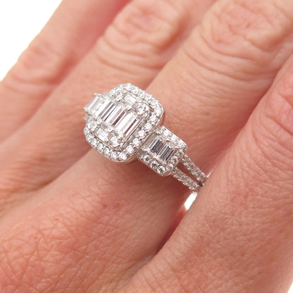 925 Sterling Silver Round & Emerald-Cut C Z Engagement Ring Size 7