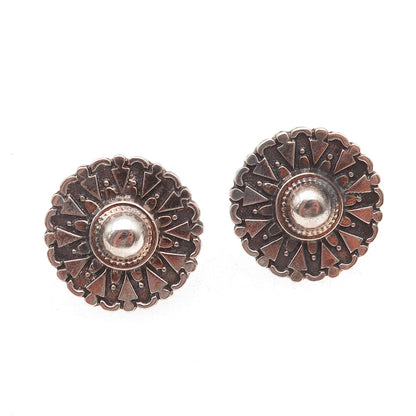 925 Sterling Silver Antique Art Deco Sun Shield Oxidized Screw Back Earrings