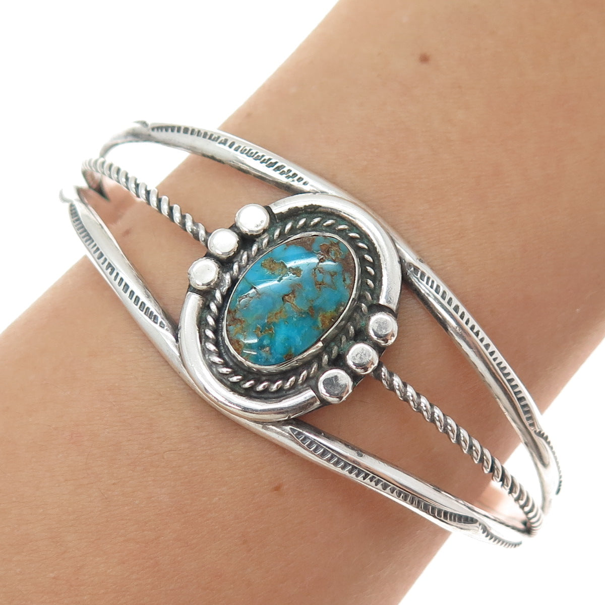 Old Pawn 925 Sterling Silver Vintage Kingman Turquoise Adjustable Bracelet 6.5"