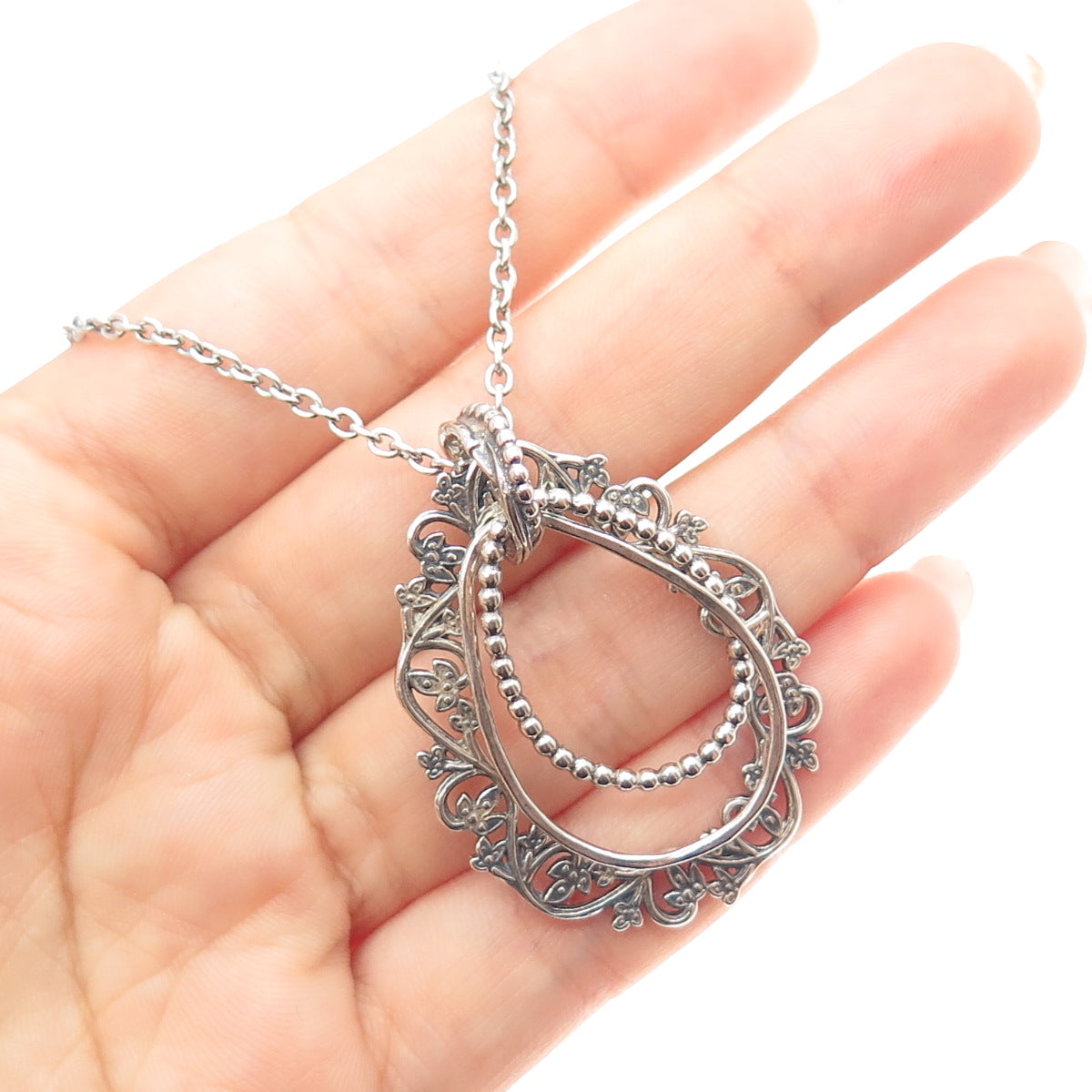 OR PAZ PZ 925 Sterling Silver Vintage Floral Teardrop Cable Chain Necklace 16"