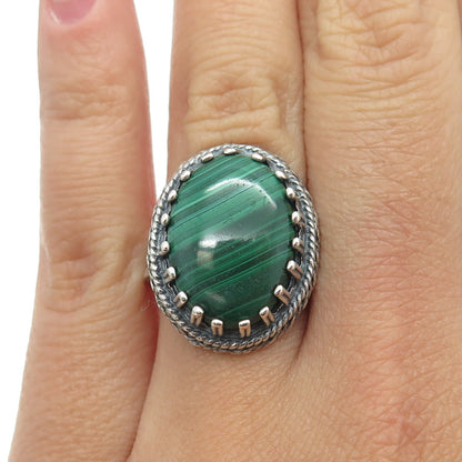 925 Sterling Silver Vintage Israel Real Malachite Gemstone Ethnic Ring Size 6.5