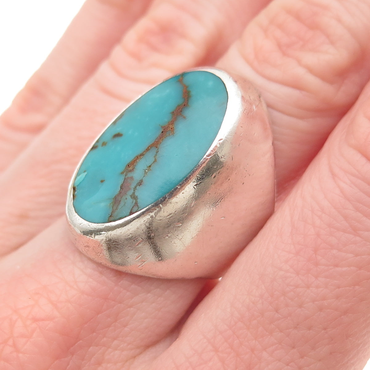 Old Pawn Sterling Silver Vintage Southwestern Kingman Turquoise Ring Size 7.5
