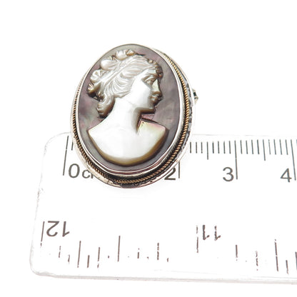 925 Sterling 2-Tone Vintage Real Abalone Shell Lady Cameo Pin Brooch / Pendant
