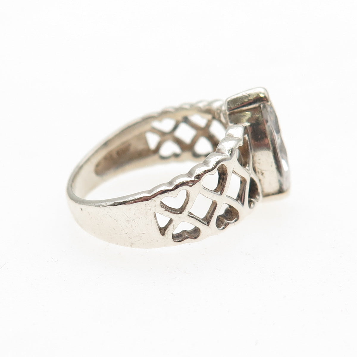 925 Sterling Silver Vintage Marquise-Cut C Z Heart Link Ring Size 6