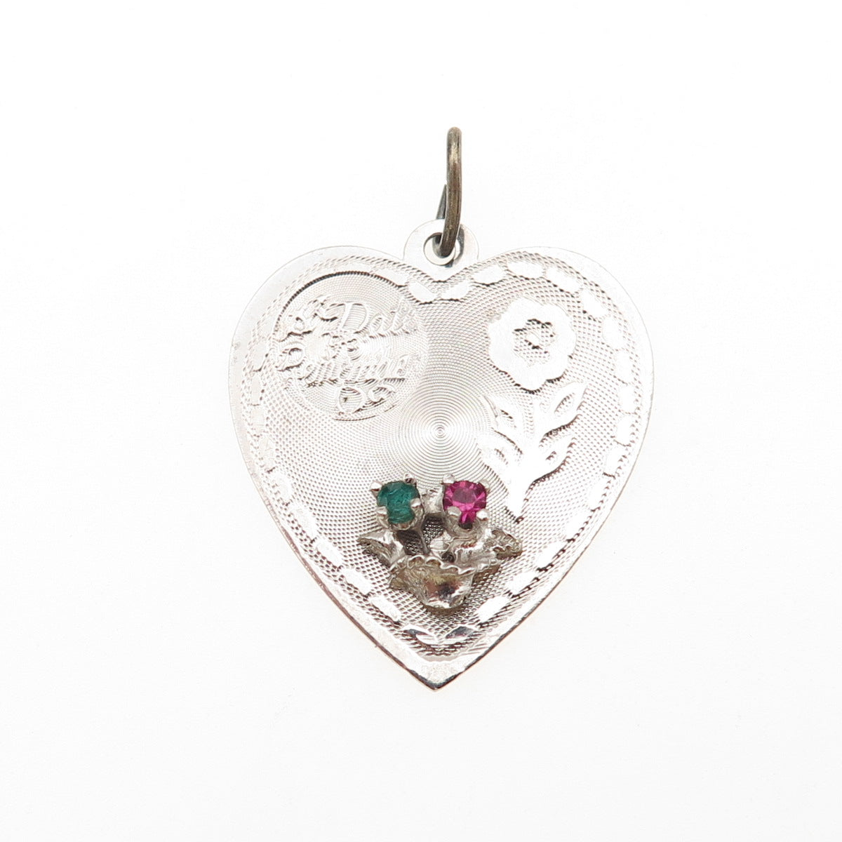 925 Sterling Silver Vintage Rhinestone A Date to Remember Heart Charm Pendant