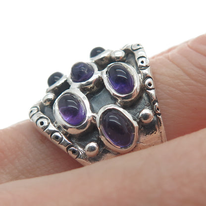 925 Sterling Silver Vintage Real Amethyst Modernist Oxidized Ring Size 8
