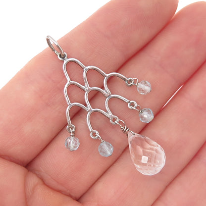 925 Sterling Silver Vintage Real Clear Quartz & Blue Topaz Chandelier Pendant