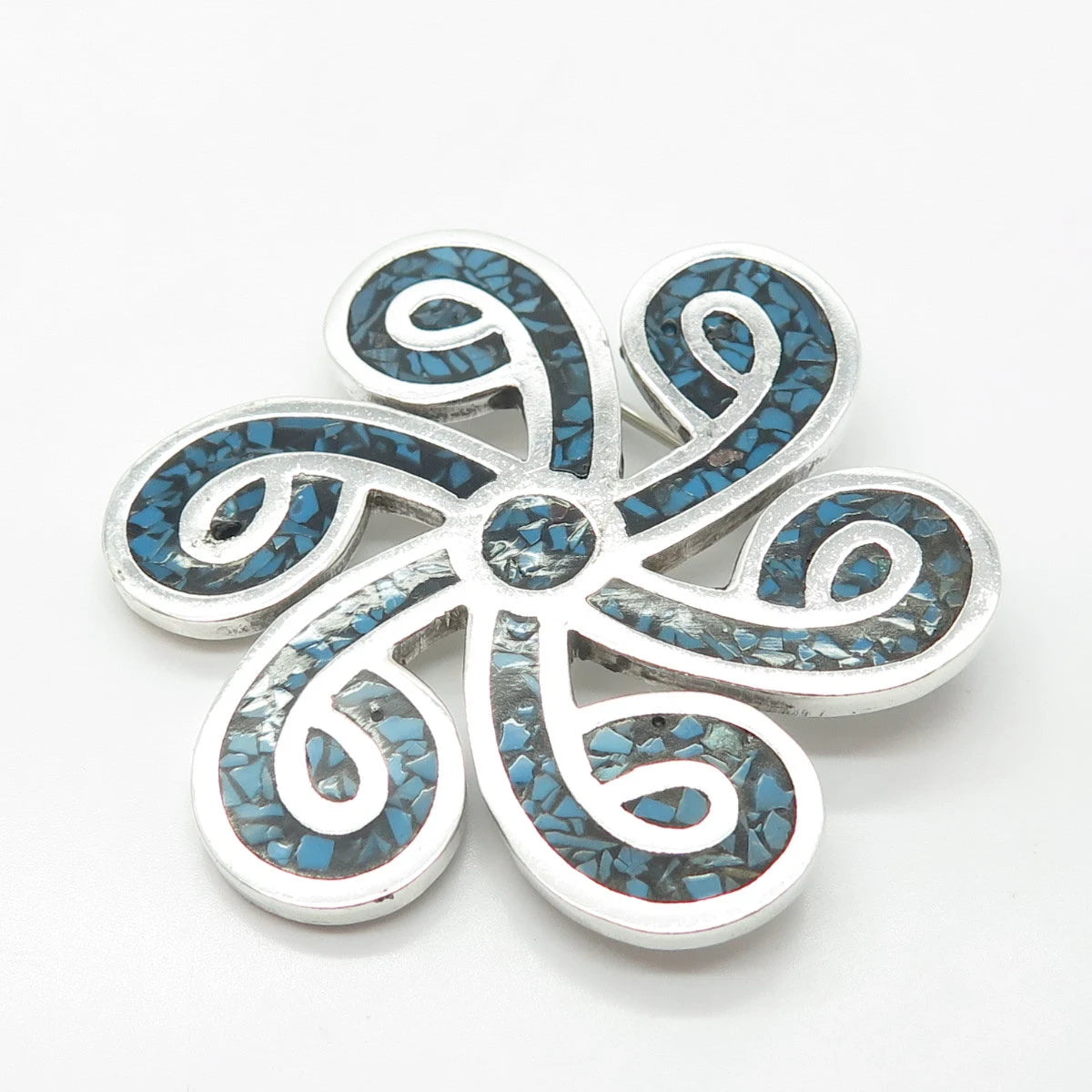 925 Sterling Silver Vintage Mexico Real Turquoise Gem Inlay Pin Brooch