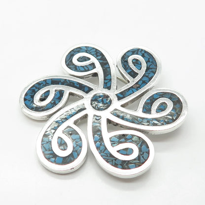 925 Sterling Silver Vintage Mexico Real Turquoise Gem Inlay Pin Brooch