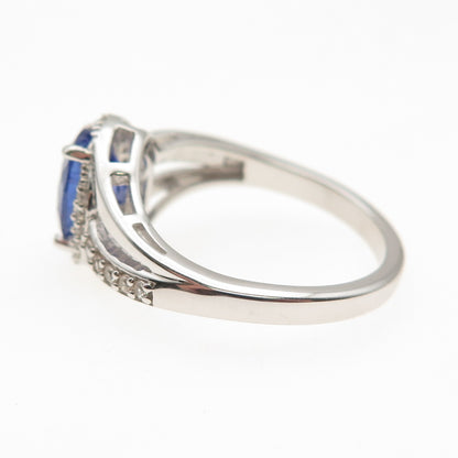 925 Sterling Silver Real Tanzanite & White Topaz Bypass Ring Size 8